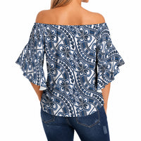 Hibiscus Bloom Island Tribal Waves Off Shoulder Wrap Waist Top Blue Polynesian Pattern LT01 - Polynesian Pride
