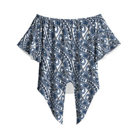 Hibiscus Bloom Island Tribal Waves Off Shoulder Wrap Waist Top Blue Polynesian Pattern LT01 - Polynesian Pride