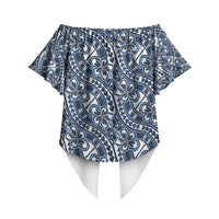 Hibiscus Bloom Island Tribal Waves Off Shoulder Wrap Waist Top Blue Polynesian Pattern LT01 - Polynesian Pride