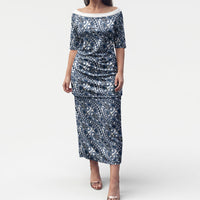 Hibiscus Bloom Island Tribal Waves Puletasi Blue Polynesian Pattern LT01 Long Dress Blue - Polynesian Pride