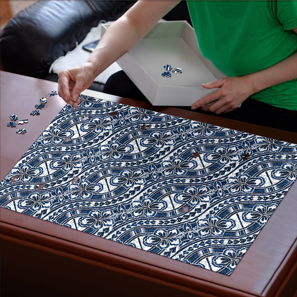 Hibiscus Bloom Island Tribal Waves Puzzle Blue Polynesian Pattern LT01 - Polynesian Pride