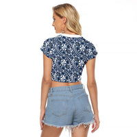 Hibiscus Bloom Island Tribal Waves Raglan Cropped T Shirt Blue Polynesian Pattern LT01 - Polynesian Pride