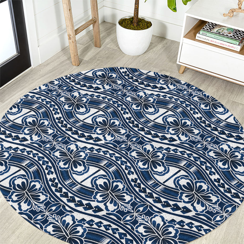 Hibiscus Bloom Island Tribal Waves Round Carpet Blue Polynesian Pattern LT01 Blue - Polynesian Pride