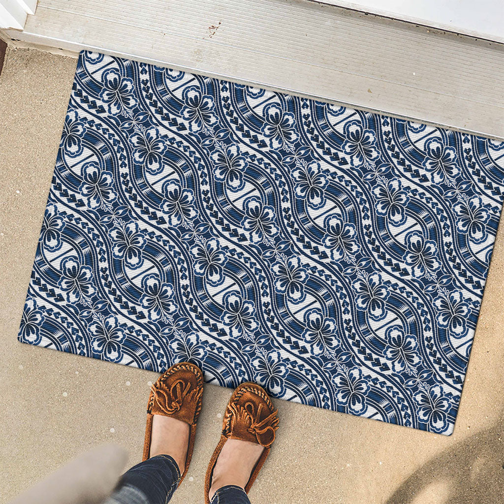 Hibiscus Bloom Island Tribal Waves Rubber Doormat Blue Polynesian Pattern LT01 - Polynesian Pride