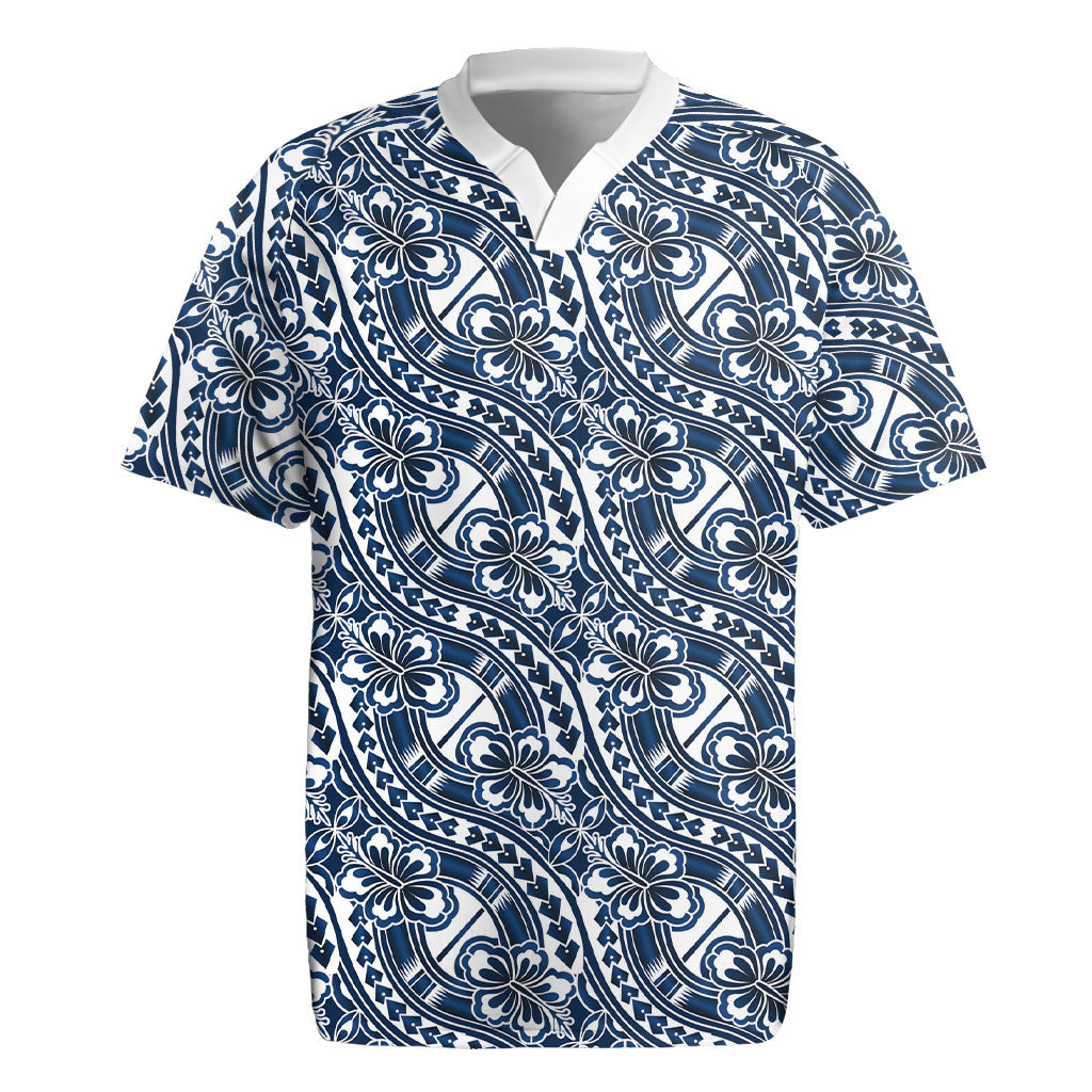 Hibiscus Bloom Island Tribal Waves Rugby Jersey Blue Polynesian Pattern LT01 Blue - Polynesian Pride