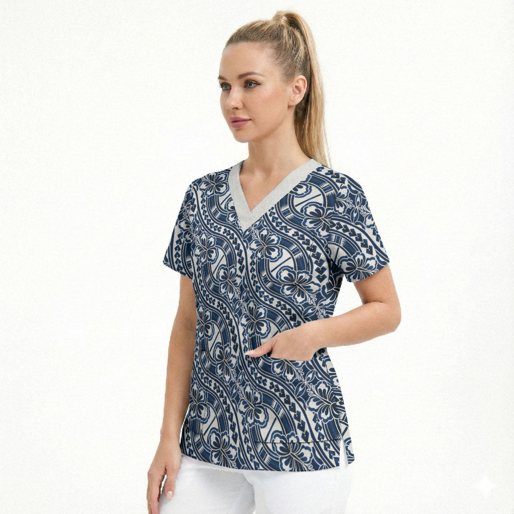 Hibiscus Bloom Island Tribal Waves Scrub Top Blue Polynesian Pattern LT01 - Polynesian Pride