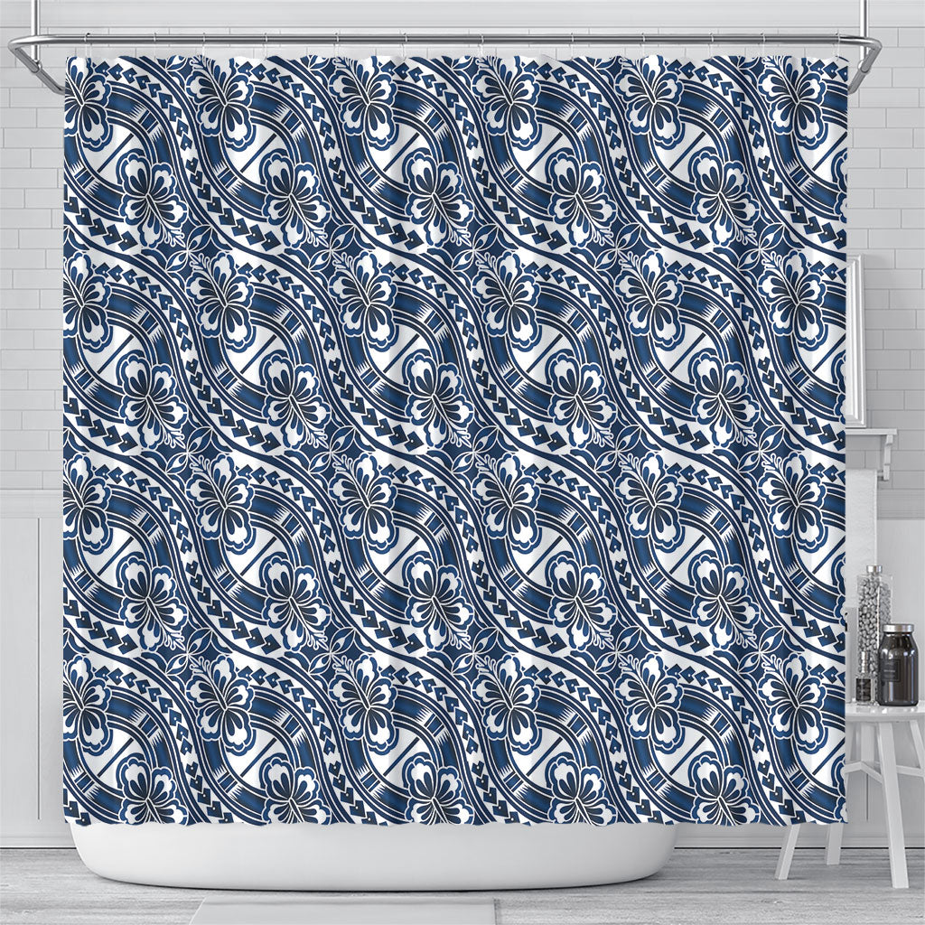 Hibiscus Bloom Island Tribal Waves Shower Curtain Blue Polynesian Pattern LT01 - Polynesian Pride