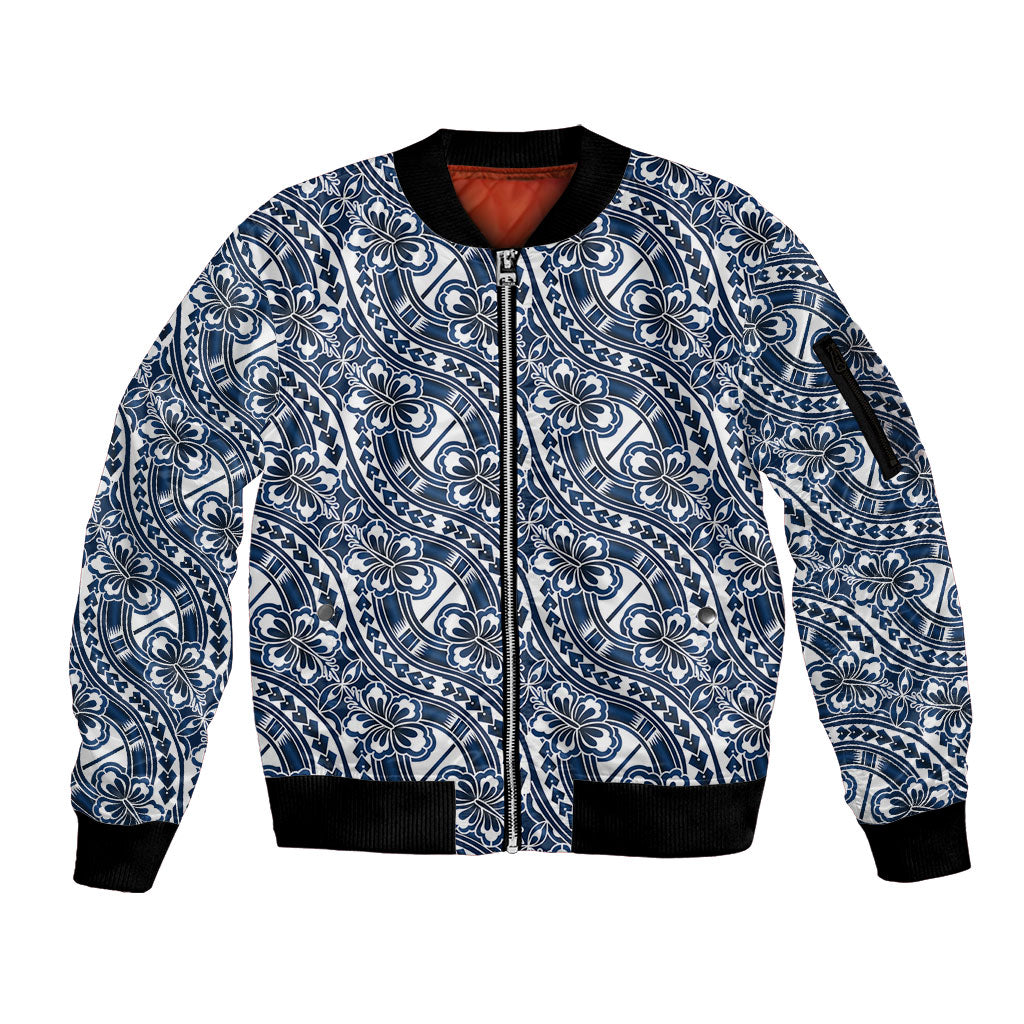 Hibiscus Bloom Island Tribal Waves Sleeve Zip Bomber Jacket Blue Polynesian Pattern LT01 Unisex Blue - Polynesian Pride