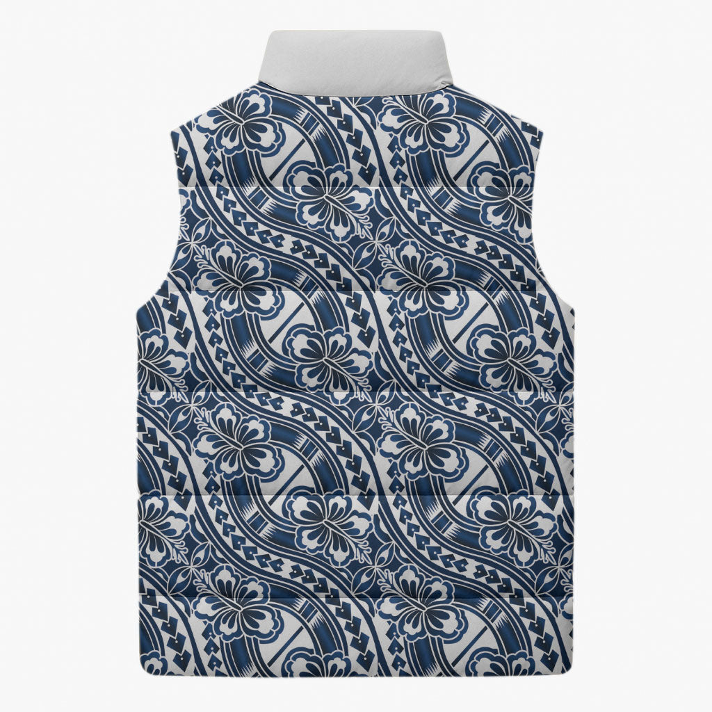Hibiscus Bloom Island Tribal Waves Sleeveless Puffer Jacket Blue Polynesian Pattern LT01 - Polynesian Pride