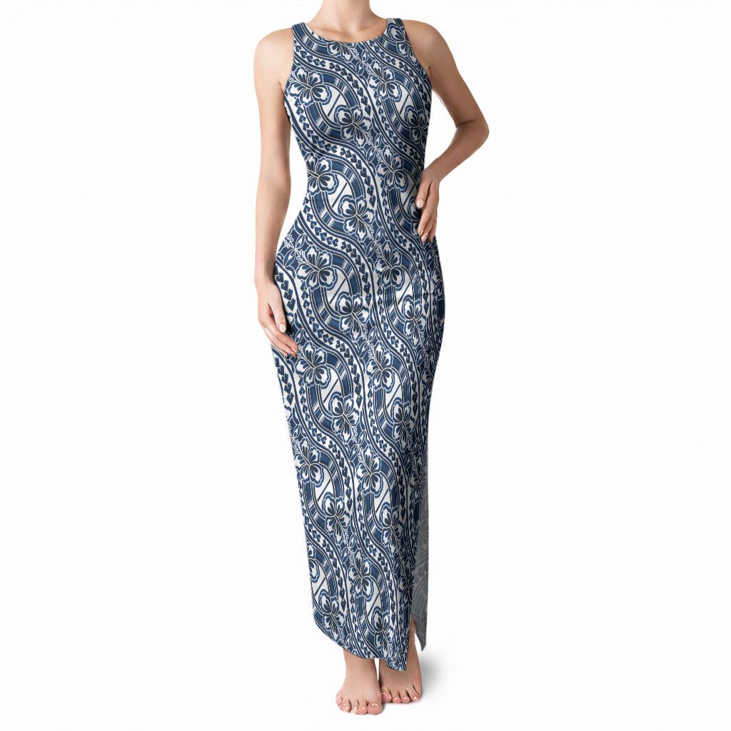 Hibiscus Bloom Island Tribal Waves Tank Maxi Dress Blue Polynesian Pattern LT01 Women Blue - Polynesian Pride