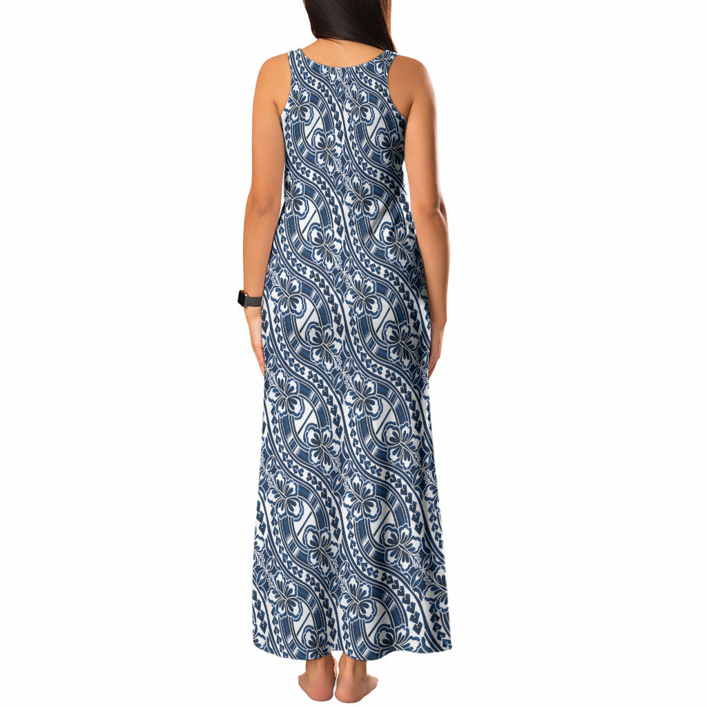 Hibiscus Bloom Island Tribal Waves Tank Maxi Dress Blue Polynesian Pattern LT01 - Polynesian Pride