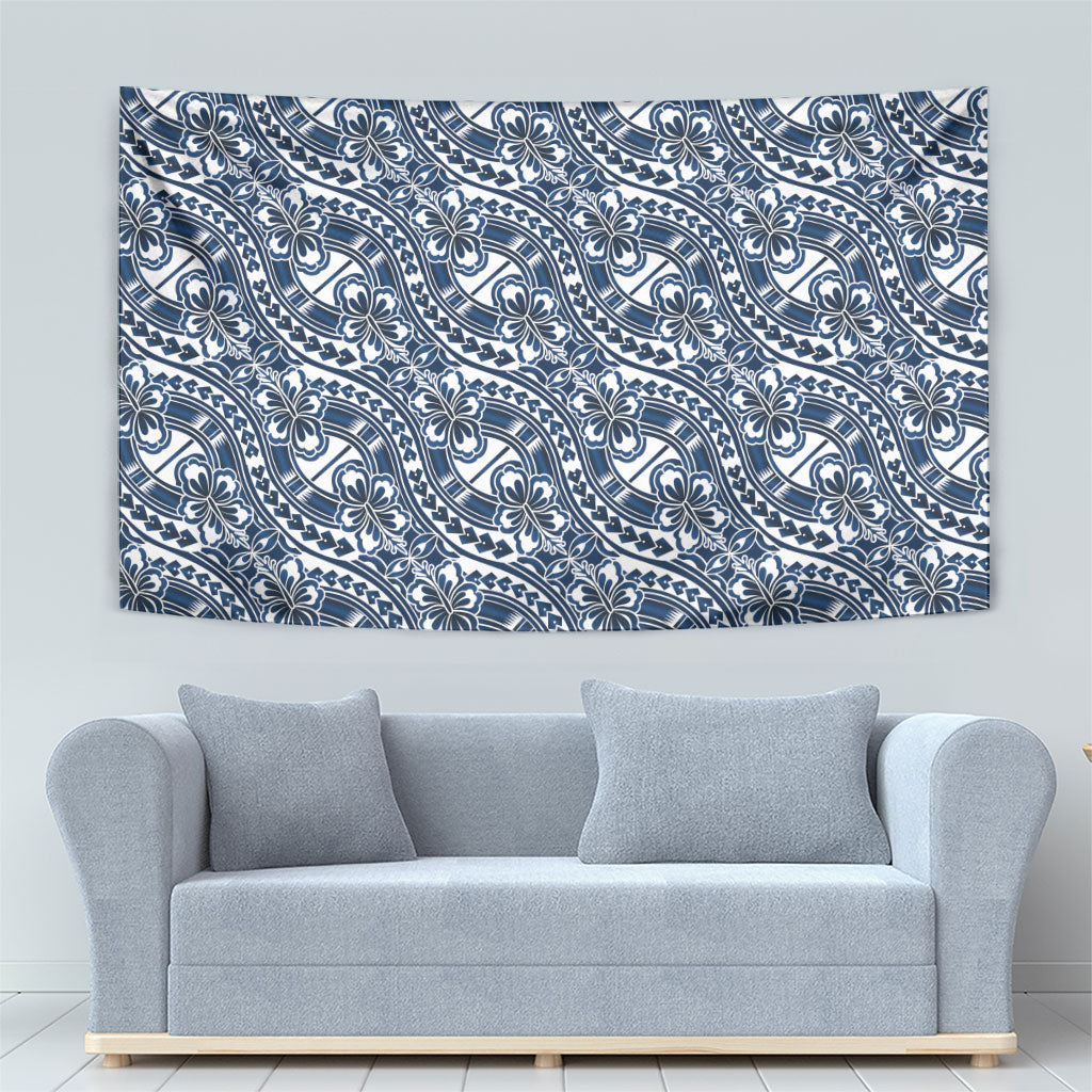 Hibiscus Bloom Island Tribal Waves Tapestry Blue Polynesian Pattern LT01 - Polynesian Pride