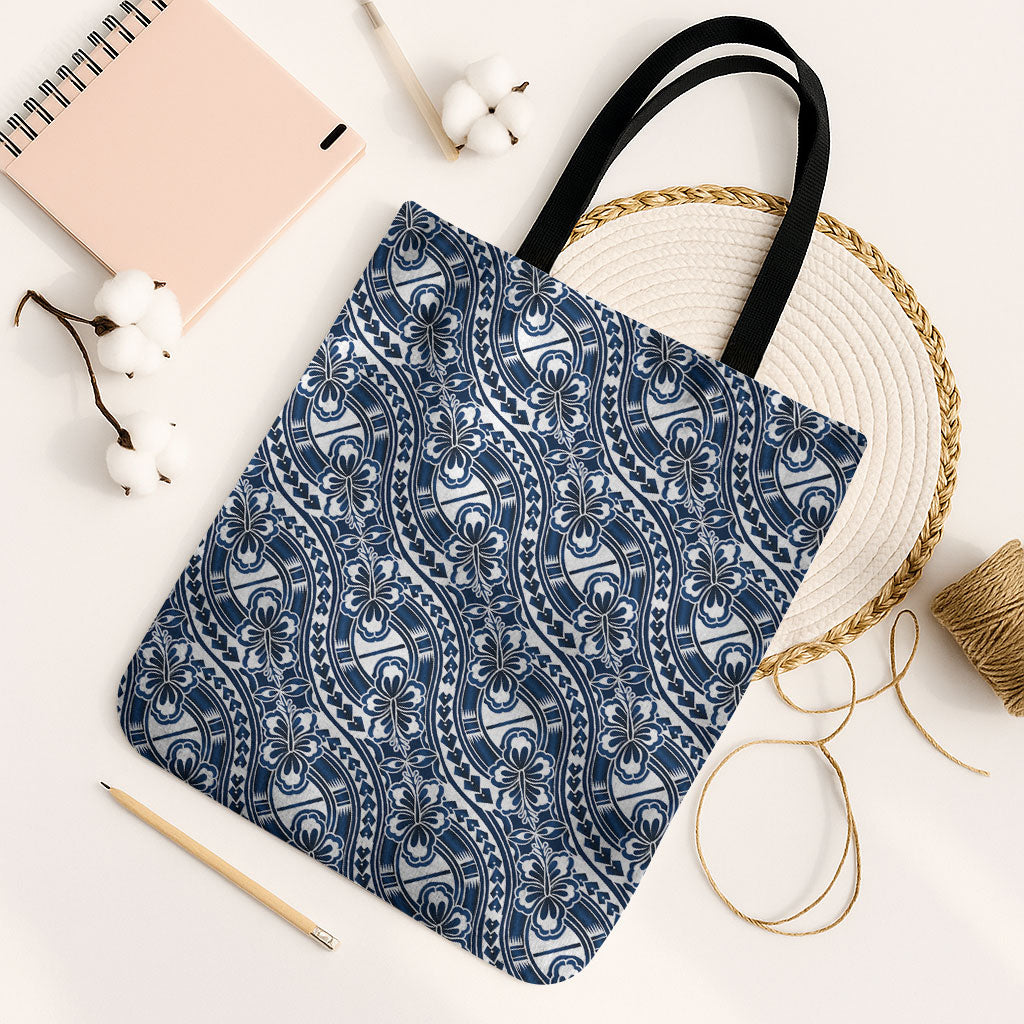 Hibiscus Bloom Island Tribal Waves Tote Bag Blue Polynesian Pattern LT01 Black Strap One Size Blue - Polynesian Pride