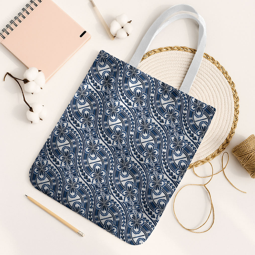 Hibiscus Bloom Island Tribal Waves Tote Bag Blue Polynesian Pattern LT01 White Strap One Size Blue - Polynesian Pride