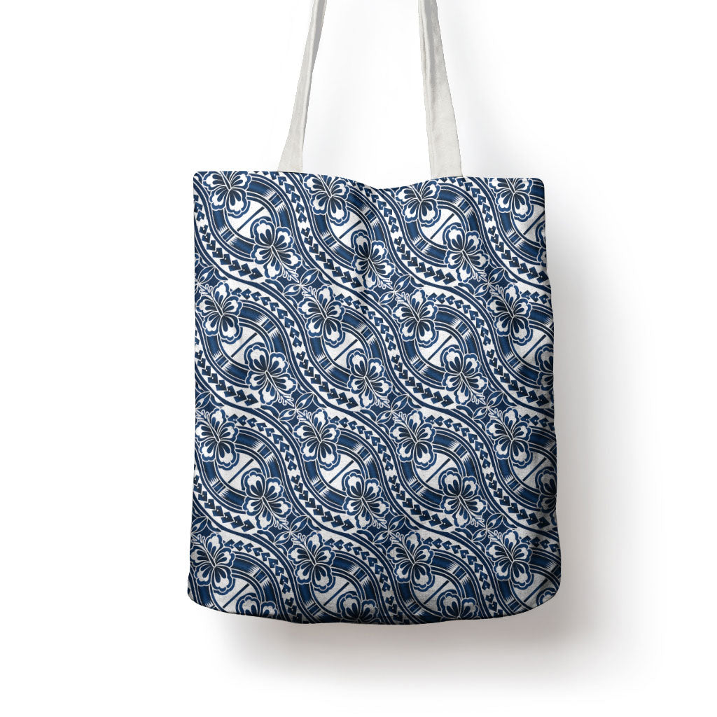 Hibiscus Bloom Island Tribal Waves Tote Bag Blue Polynesian Pattern LT01 - Polynesian Pride