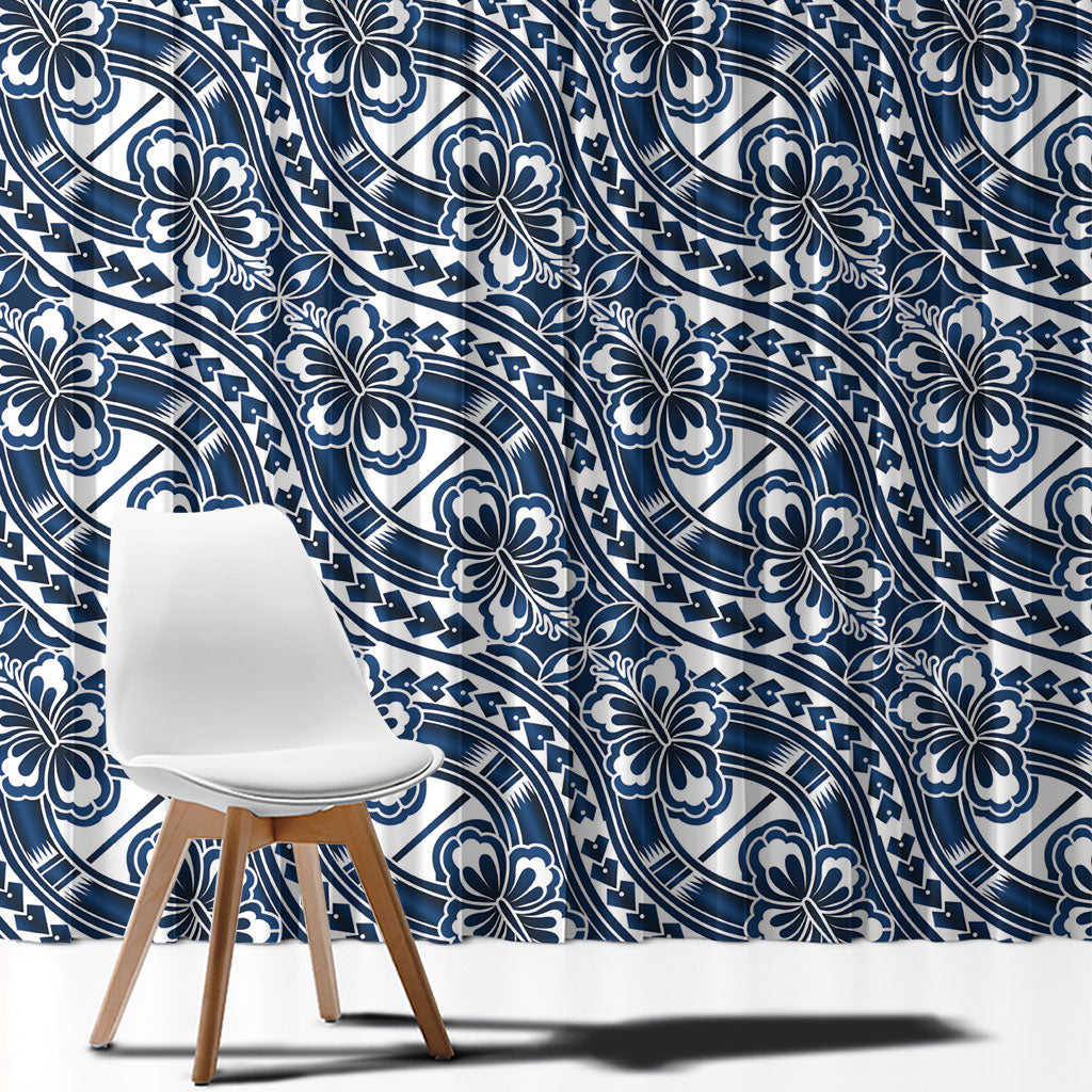 Hibiscus Bloom Island Tribal Waves Window Curtain Blue Polynesian Pattern LT01 - Polynesian Pride