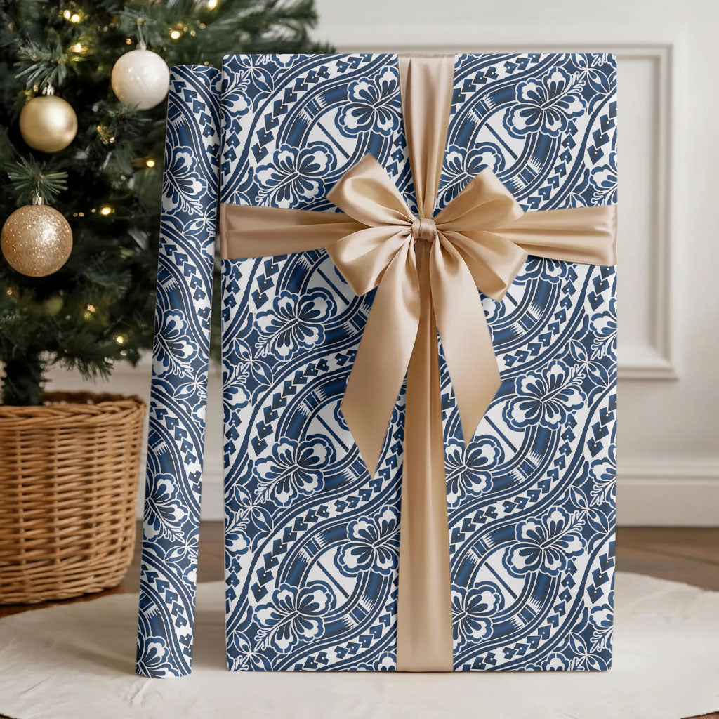 Hibiscus Bloom Island Tribal Waves Wrapping Paper Blue Polynesian Pattern LT01 - Polynesian Pride