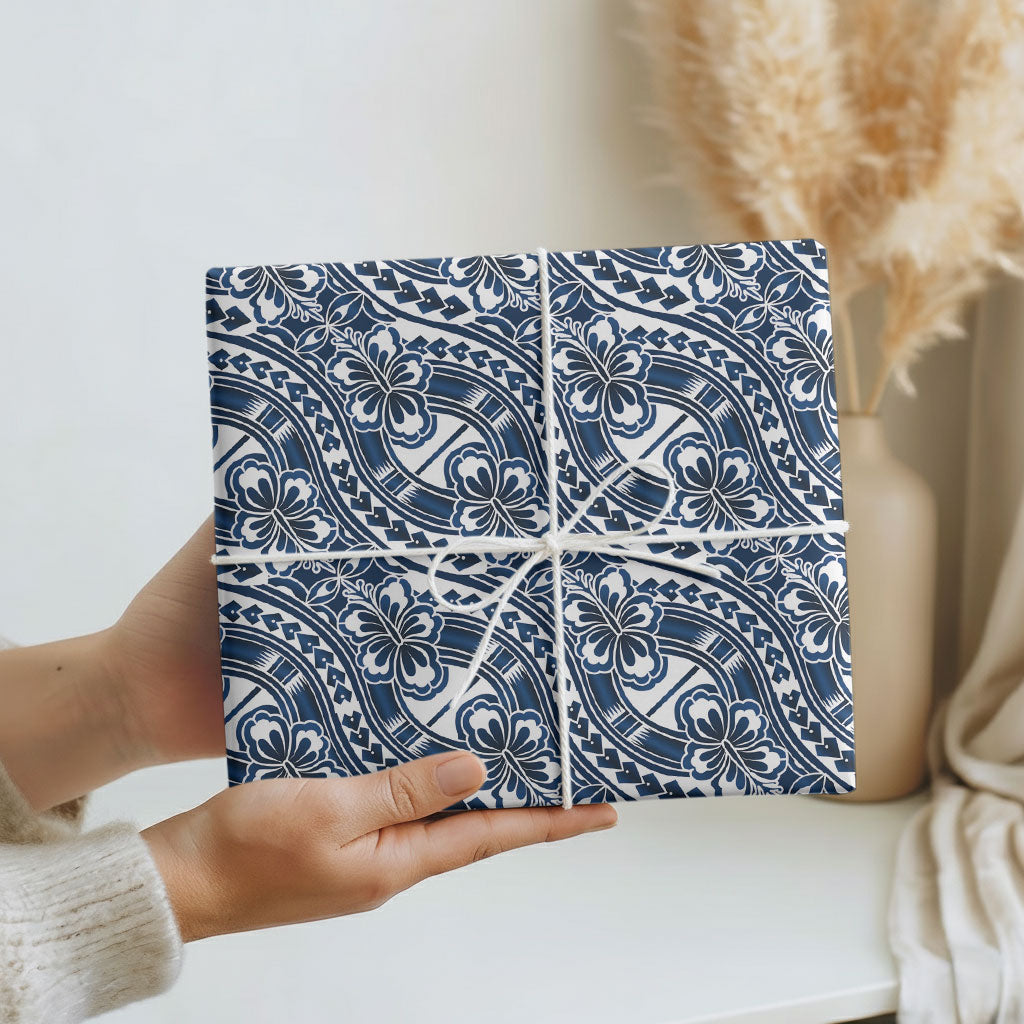 Hibiscus Bloom Island Tribal Waves Wrapping Paper Blue Polynesian Pattern LT01 - Polynesian Pride