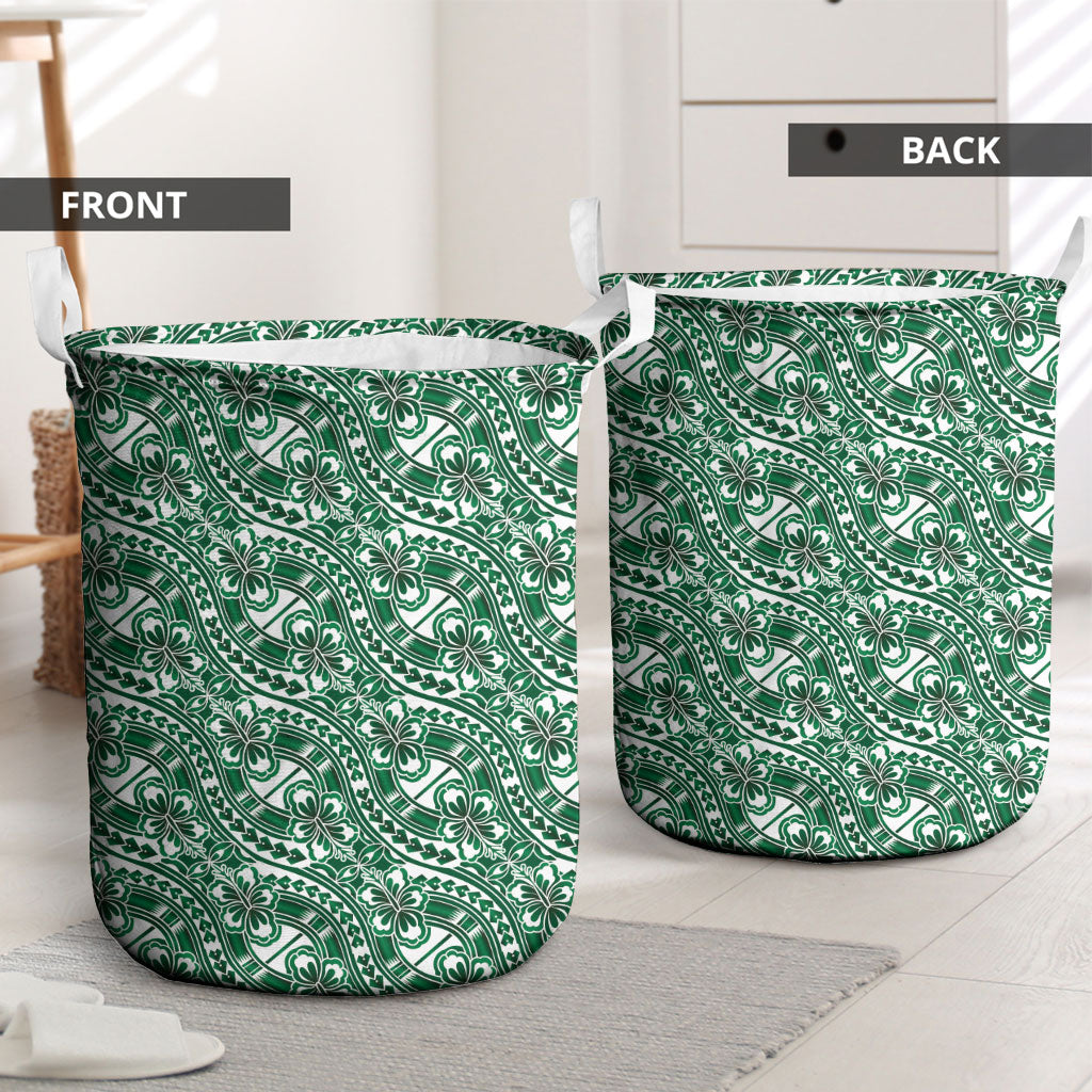 Hibiscus Bloom Island Tribal Waves Laundry Basket Green Polynesian Pattern LT01 - Polynesian Pride