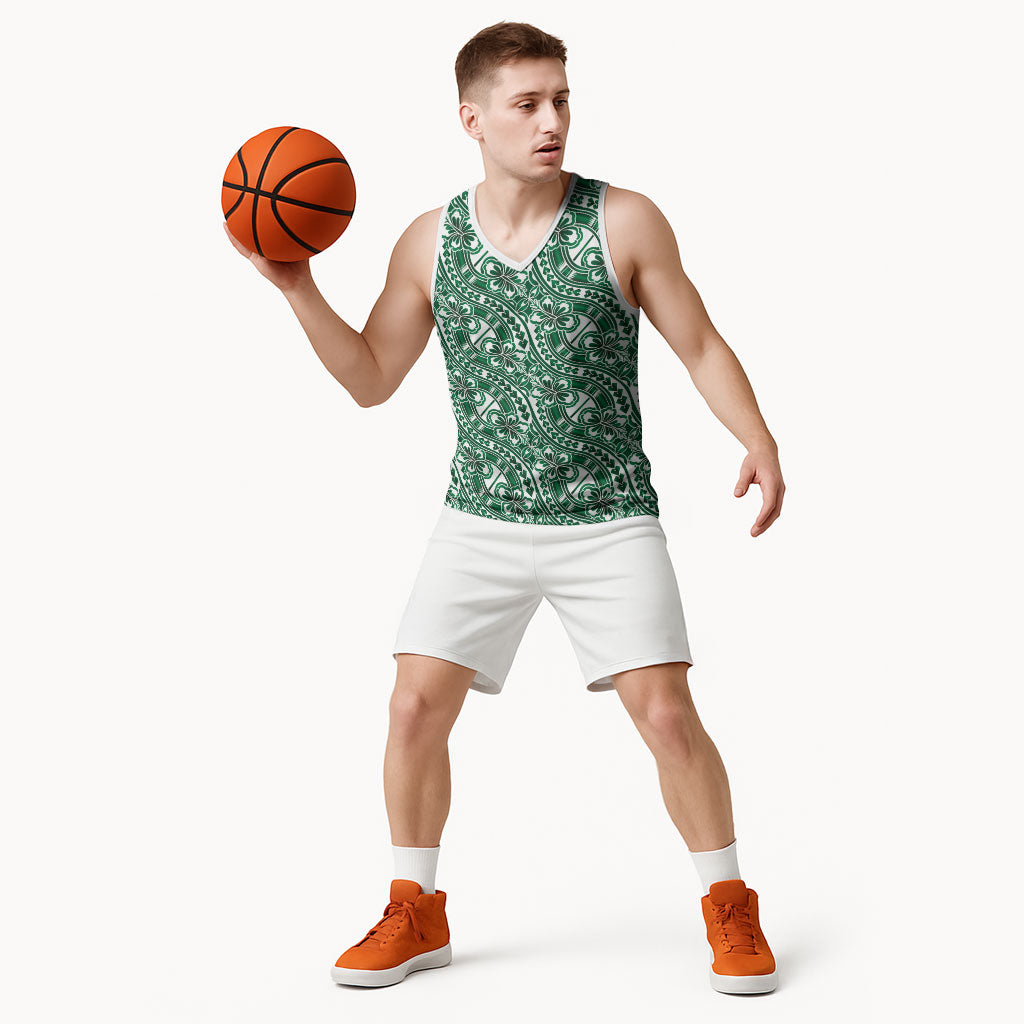Hibiscus Bloom Island Tribal Waves Basketball Jersey Green Polynesian Pattern LT01 - Polynesian Pride