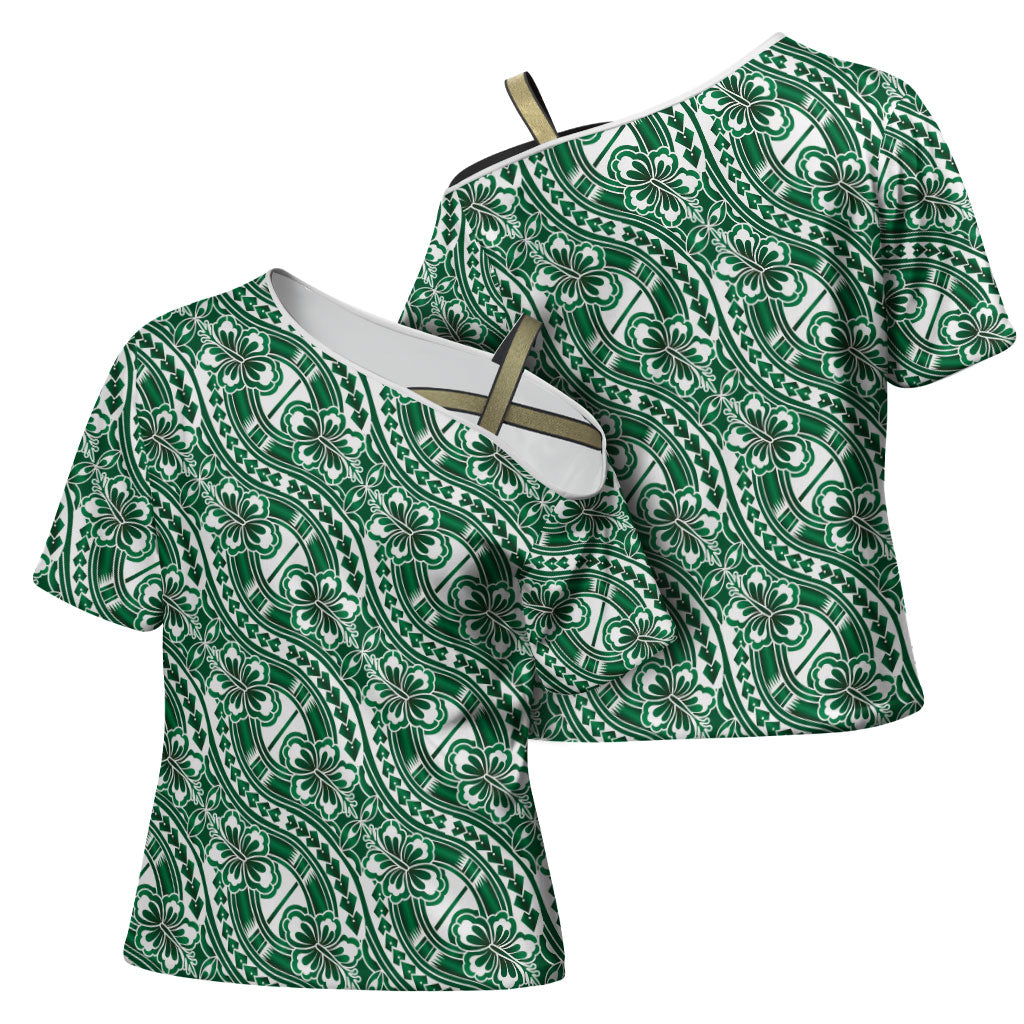 Hibiscus Bloom Island Tribal Waves Cross Shoulder Shirt Green Polynesian Pattern LT01 - Polynesian Pride