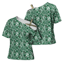 Hibiscus Bloom Island Tribal Waves Cross Shoulder Shirt Green Polynesian Pattern LT01 - Polynesian Pride