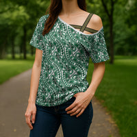 Hibiscus Bloom Island Tribal Waves Cross Shoulder Shirt Green Polynesian Pattern LT01 - Polynesian Pride
