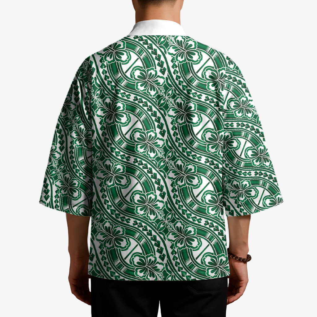 Hibiscus Bloom Island Tribal Waves Kimono Green Polynesian Pattern LT01 - Polynesian Pride