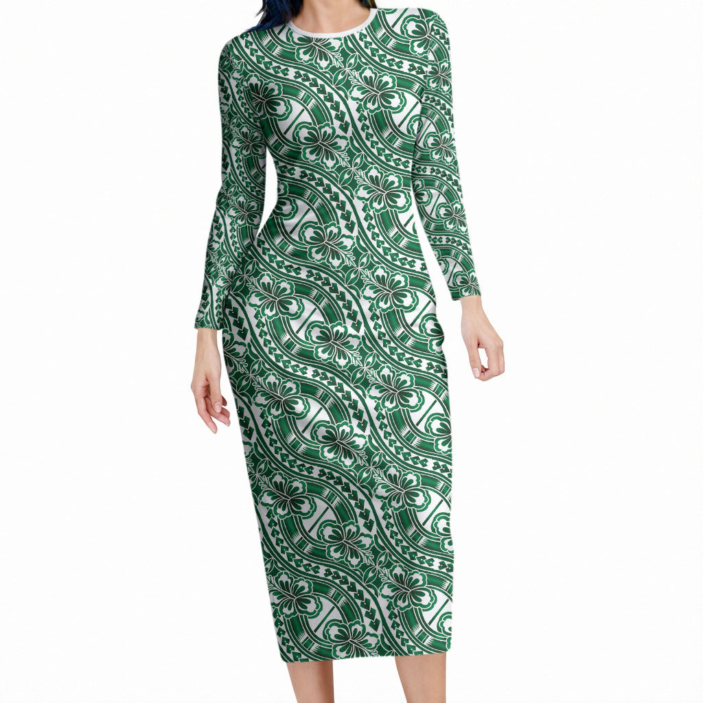 Hibiscus Bloom Island Tribal Waves Long Sleeve Bodycon Dress Green Polynesian Pattern LT01 Long Dress Green - Polynesian Pride