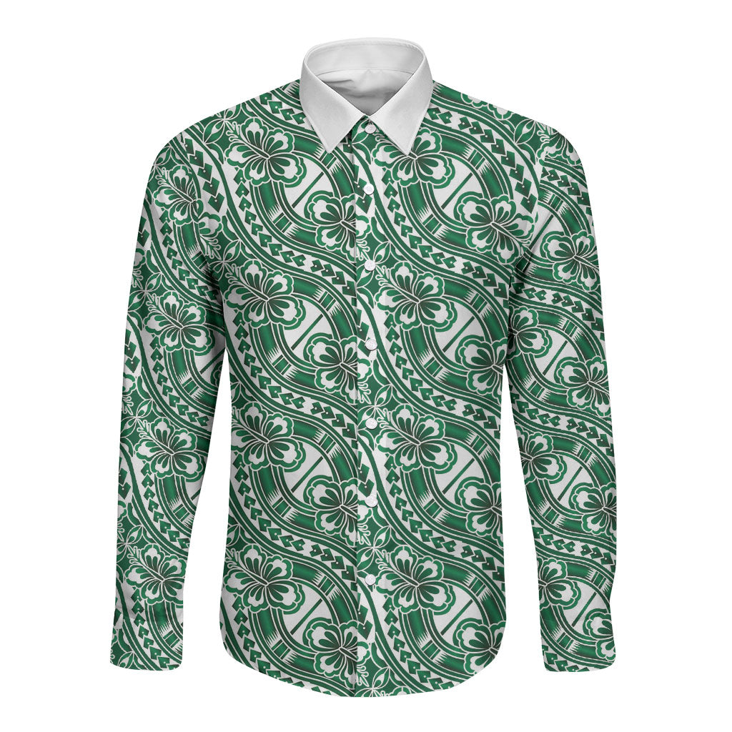 Hibiscus Bloom Island Tribal Waves Long Sleeve Button Shirt Green Polynesian Pattern LT01 Unisex Green - Polynesian Pride