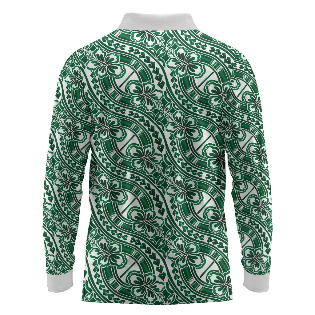 Hibiscus Bloom Island Tribal Waves Long Sleeve Polo Shirt Green Polynesian Pattern LT01 - Polynesian Pride