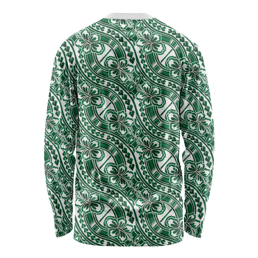 Hibiscus Bloom Island Tribal Waves Long Sleeve Shirt Green Polynesian Pattern LT01 - Polynesian Pride