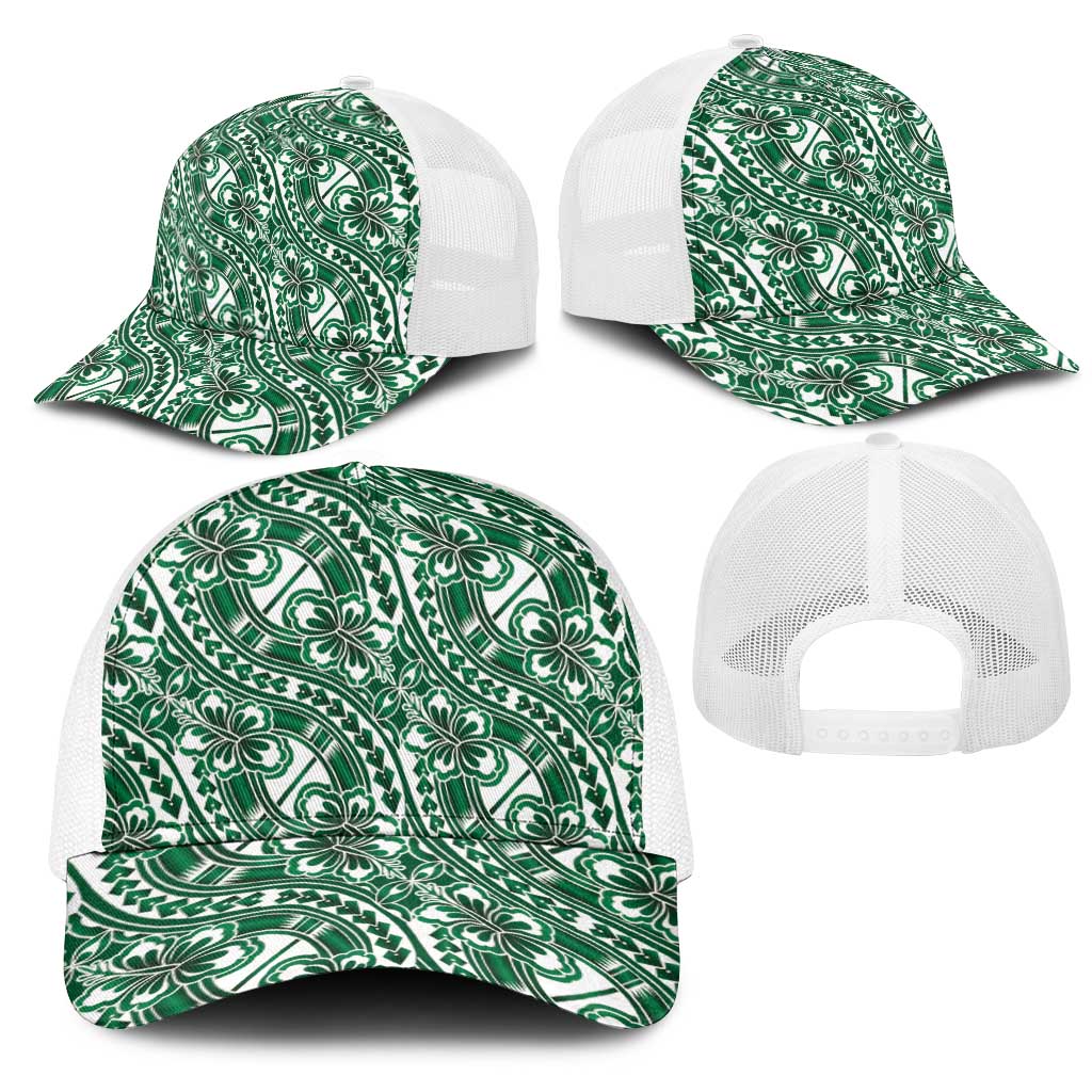 Hibiscus Bloom Island Tribal Waves Mesh Trucker Cap Green Polynesian Pattern LT01 - Polynesian Pride