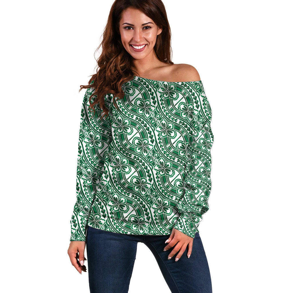 Hibiscus Bloom Island Tribal Waves Off Shoulder Sweater Green Polynesian Pattern LT01 Women Green - Polynesian Pride