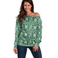 Hibiscus Bloom Island Tribal Waves Off Shoulder Sweater Green Polynesian Pattern LT01 Women Green - Polynesian Pride