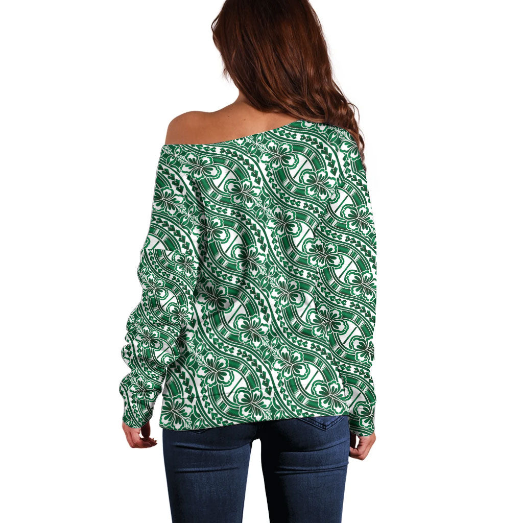 Hibiscus Bloom Island Tribal Waves Off Shoulder Sweater Green Polynesian Pattern LT01 - Polynesian Pride