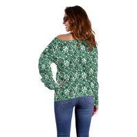 Hibiscus Bloom Island Tribal Waves Off Shoulder Sweater Green Polynesian Pattern LT01 - Polynesian Pride