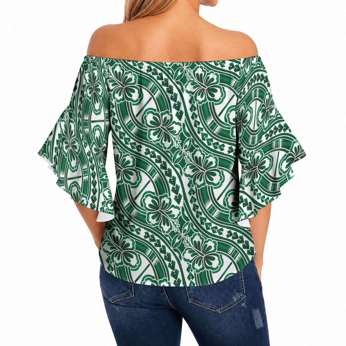 Hibiscus Bloom Island Tribal Waves Off Shoulder Wrap Waist Top Green Polynesian Pattern LT01 - Polynesian Pride