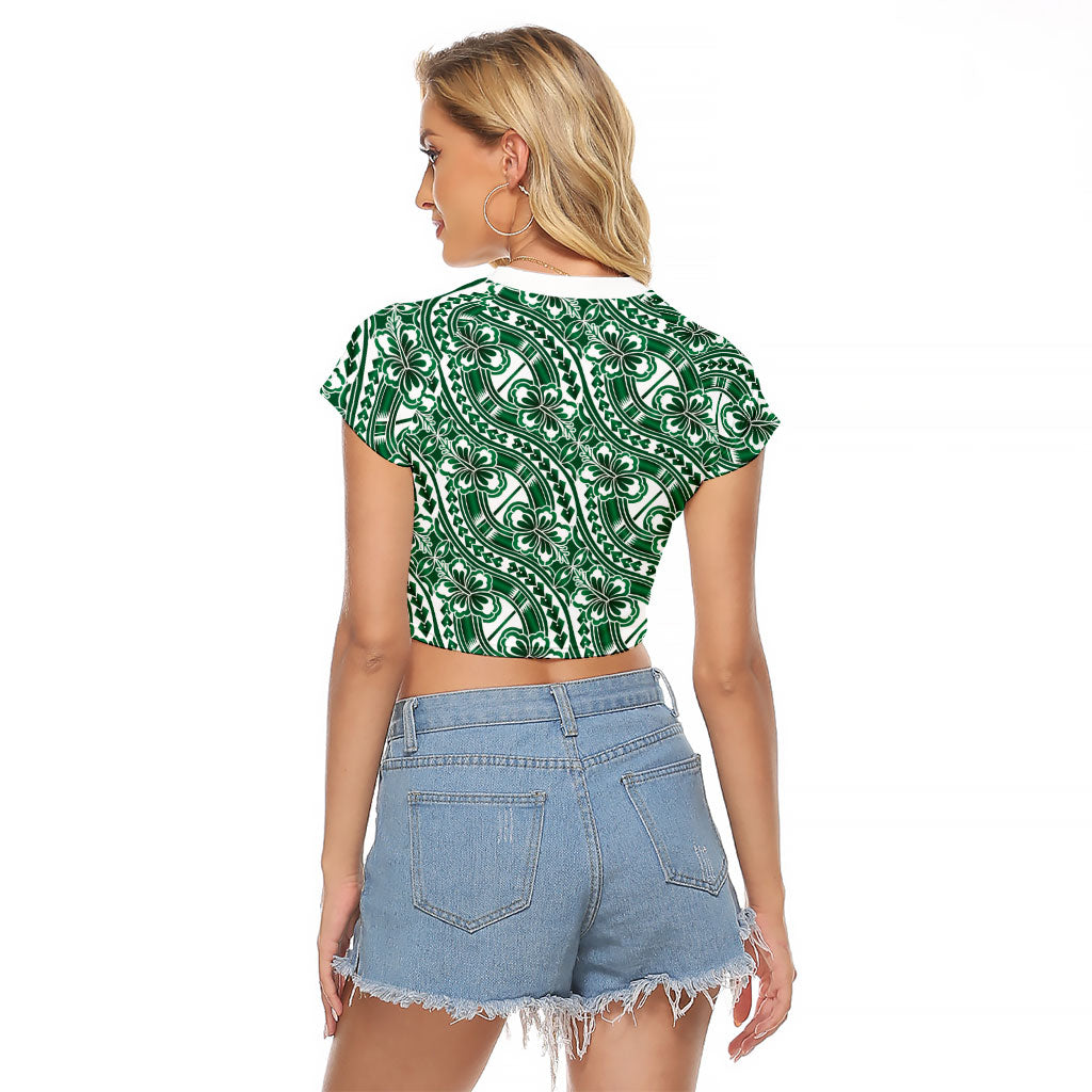 Hibiscus Bloom Island Tribal Waves Raglan Cropped T Shirt Green Polynesian Pattern LT01 - Polynesian Pride