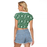 Hibiscus Bloom Island Tribal Waves Raglan Cropped T Shirt Green Polynesian Pattern LT01 - Polynesian Pride