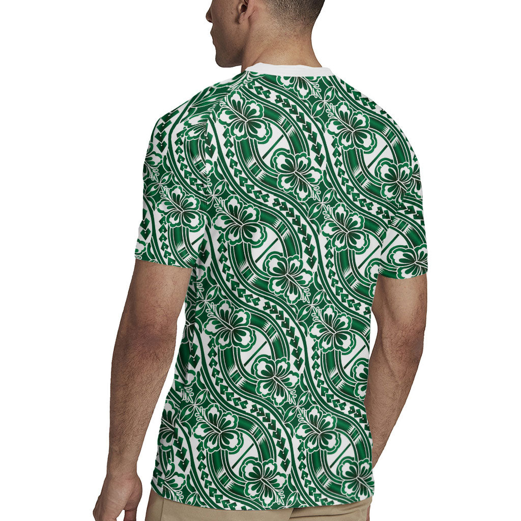Hibiscus Bloom Island Tribal Waves Rugby Jersey Green Polynesian Pattern LT01 - Polynesian Pride