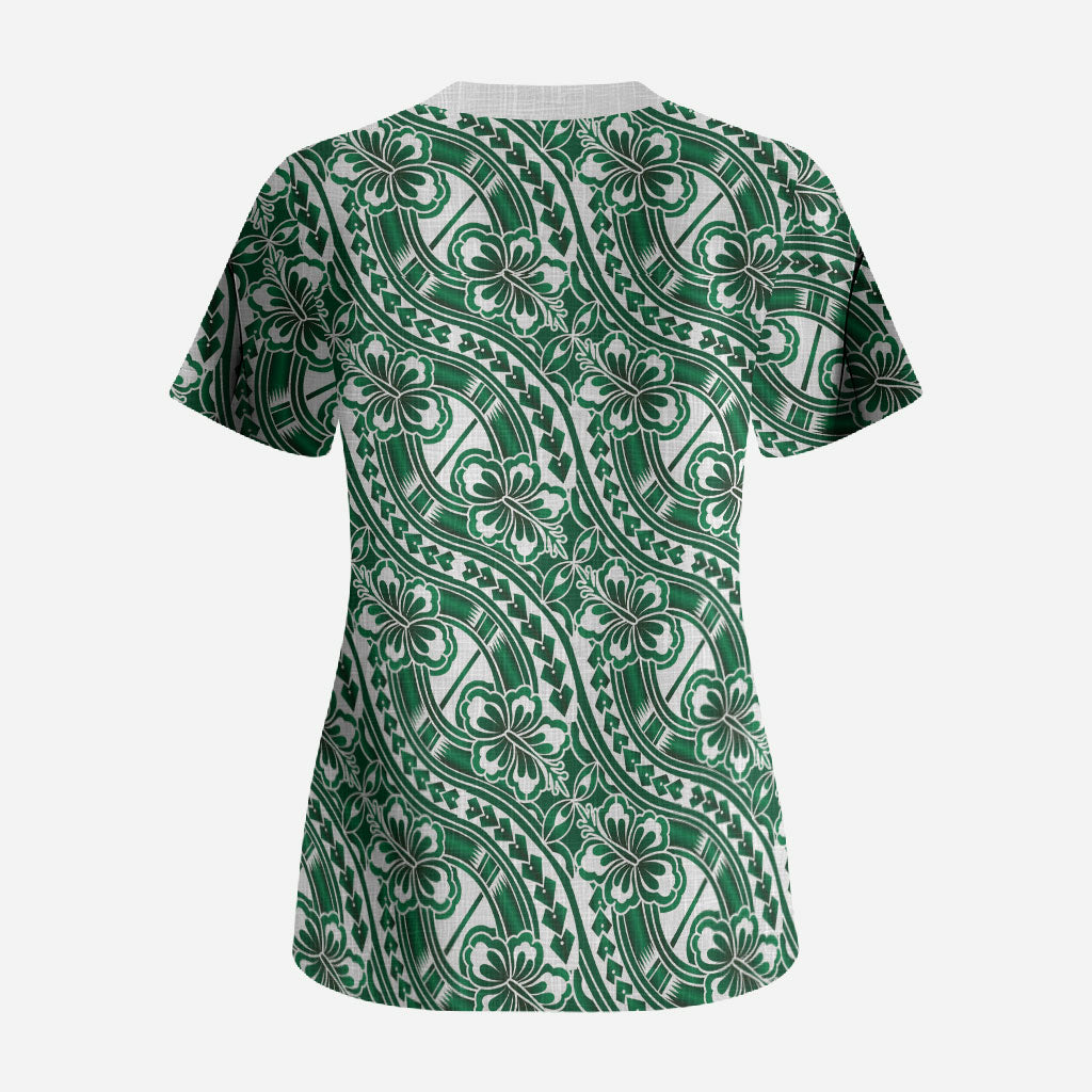 Hibiscus Bloom Island Tribal Waves Scrub Top Green Polynesian Pattern LT01 - Polynesian Pride