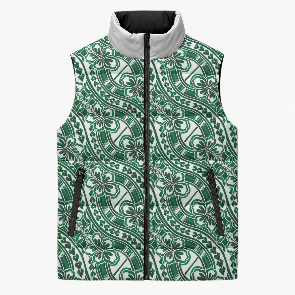 Hibiscus Bloom Island Tribal Waves Sleeveless Puffer Jacket Green Polynesian Pattern LT01 Unisex Green - Polynesian Pride