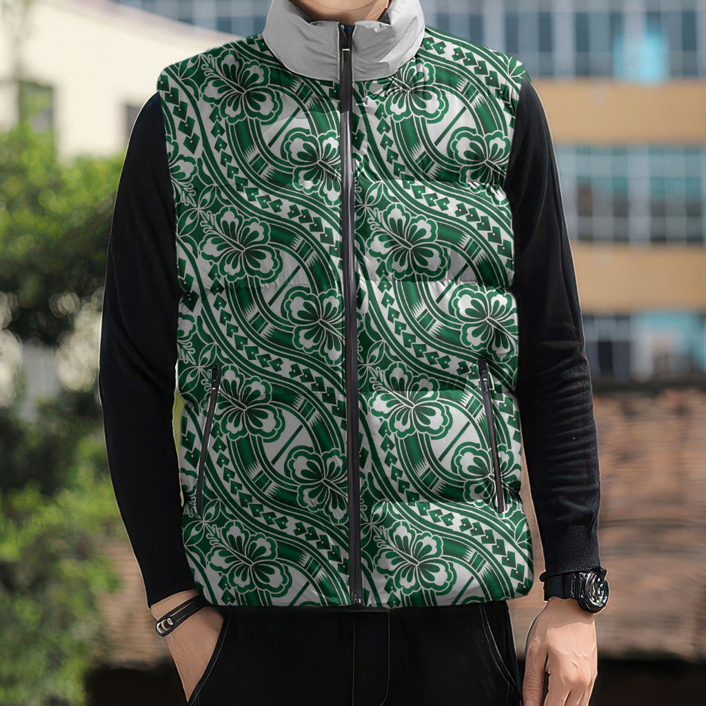 Hibiscus Bloom Island Tribal Waves Sleeveless Puffer Jacket Green Polynesian Pattern LT01 - Polynesian Pride