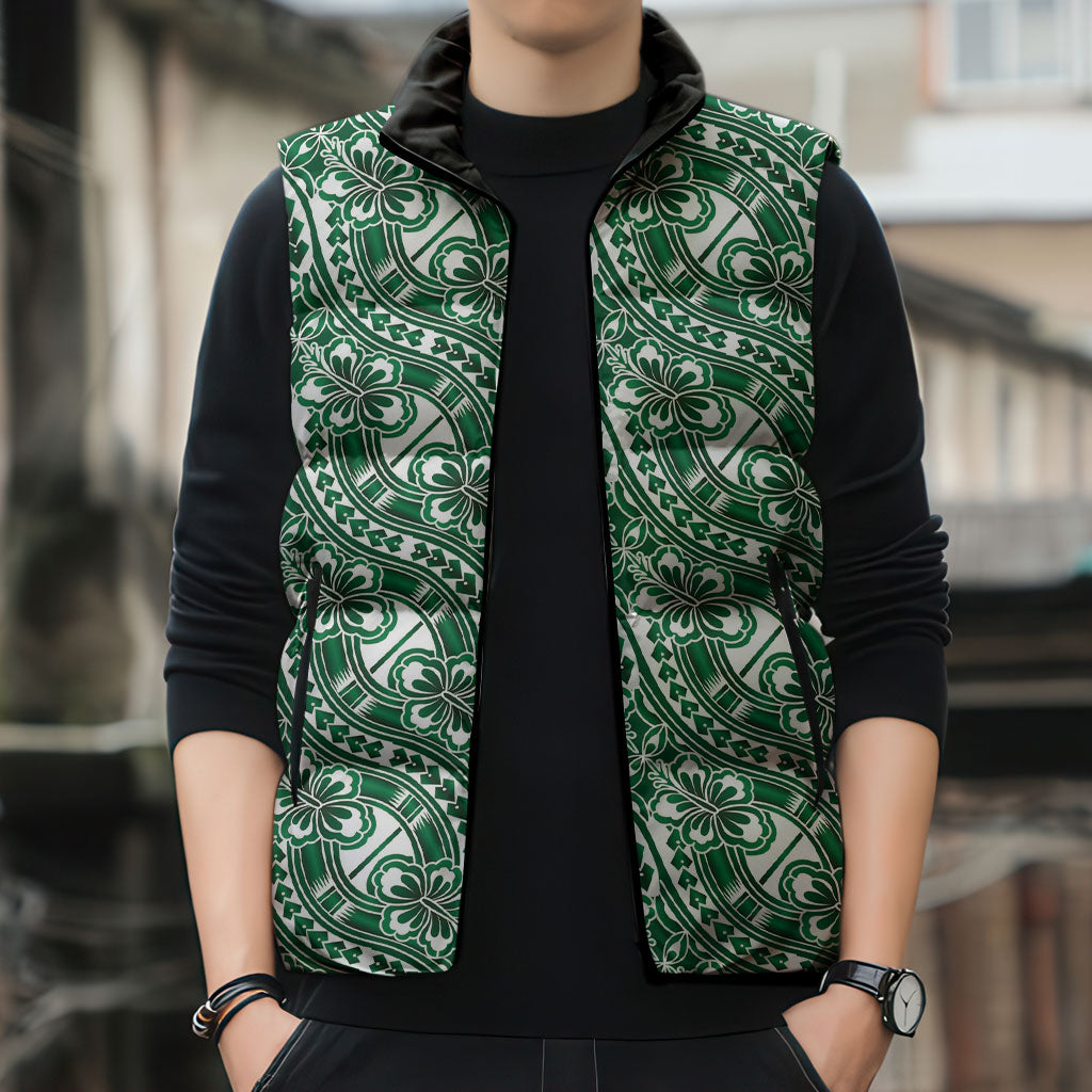 Hibiscus Bloom Island Tribal Waves Sleeveless Puffer Jacket Green Polynesian Pattern LT01 - Polynesian Pride