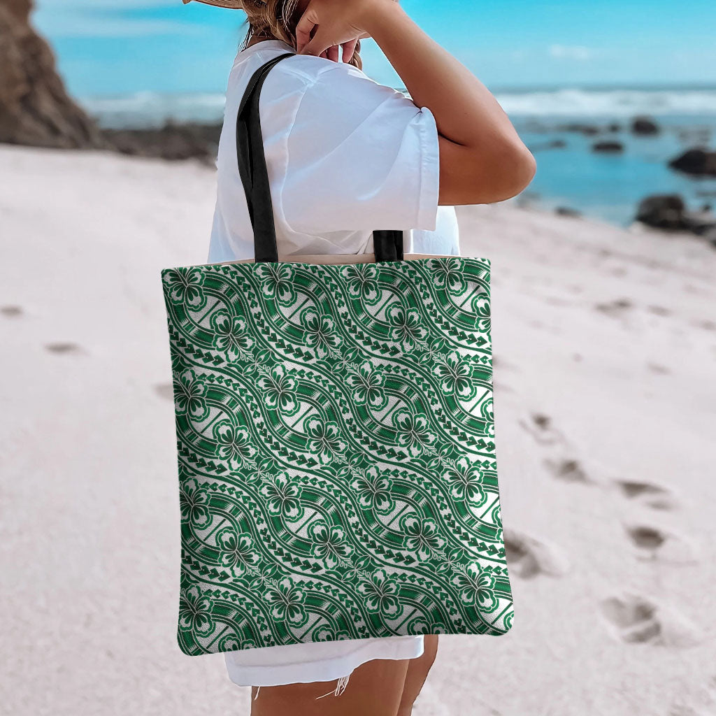 Hibiscus Bloom Island Tribal Waves Tote Bag Green Polynesian Pattern LT01 - Polynesian Pride
