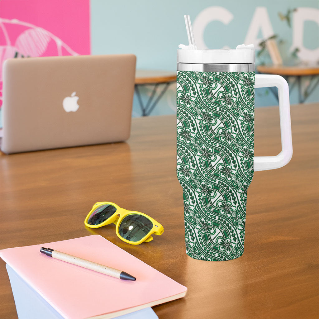 Hibiscus Bloom Island Tribal Waves Tumbler With Handle Green Polynesian Pattern LT01 - Polynesian Pride