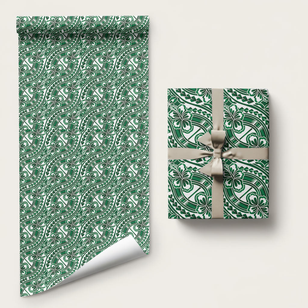 Hibiscus Bloom Island Tribal Waves Wrapping Paper Green Polynesian Pattern LT01 58" × 23" Green - Polynesian Pride