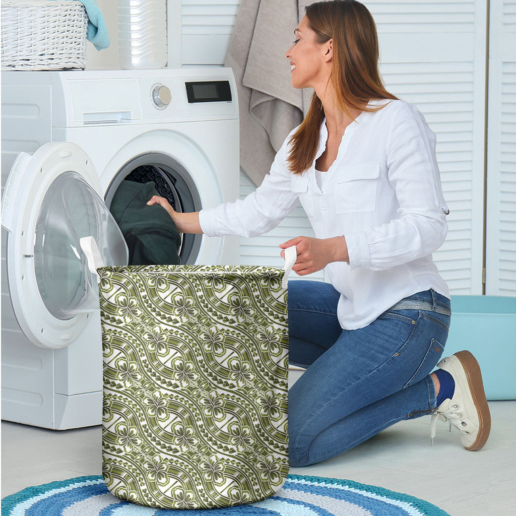 Hibiscus Bloom Island Tribal Waves Laundry Basket Olive Green Polynesian Pattern LT01 - Polynesian Pride