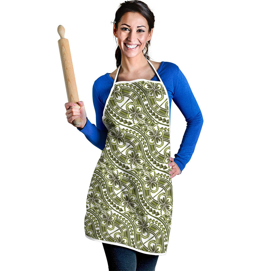 Hibiscus Bloom Island Tribal Waves Apron Olive Green Polynesian Pattern LT01 - Polynesian Pride